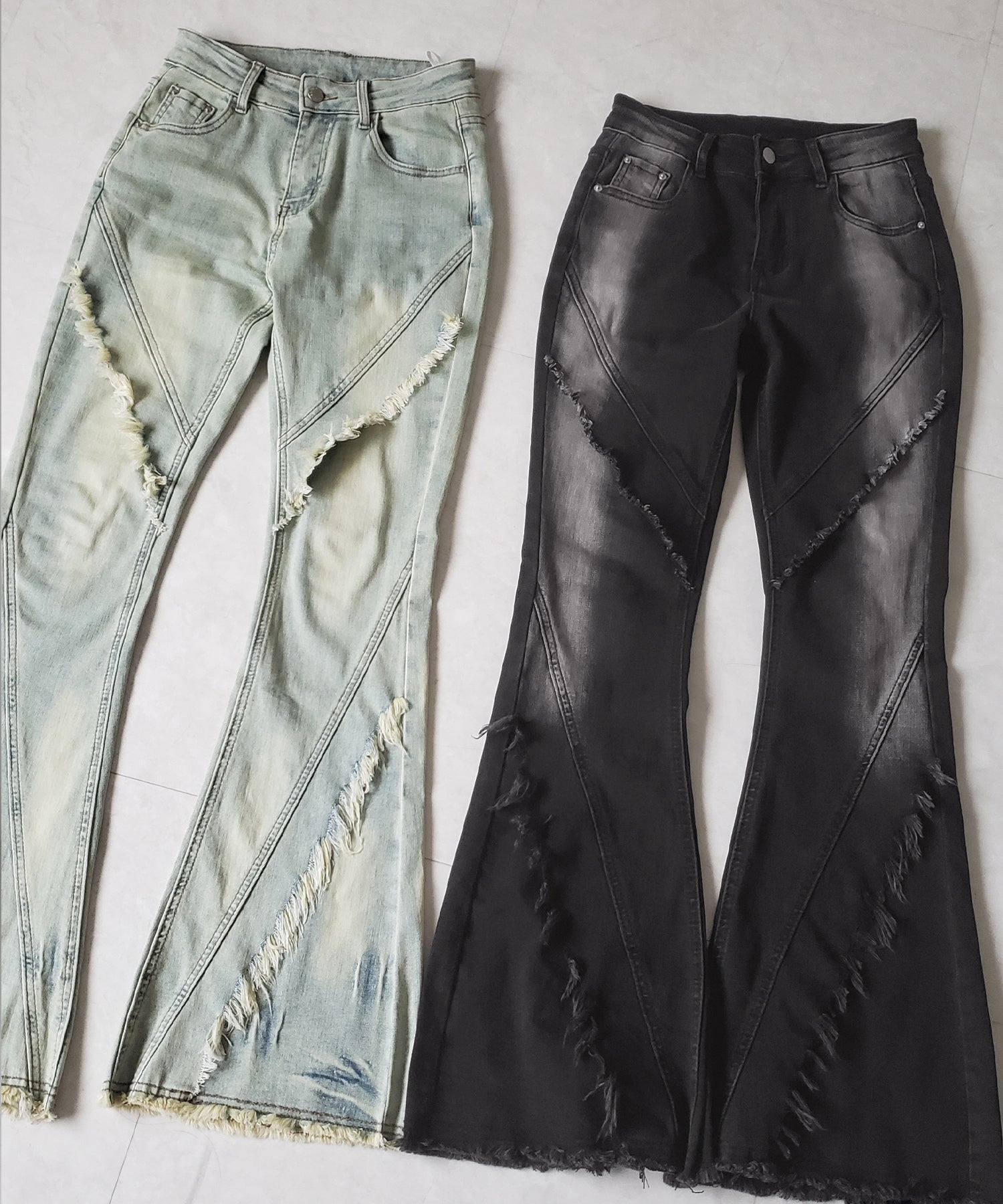 【 2color / 4size 】フリンジデザインヴィンテージライクストレッチフレアデニム / fringe design vintage-like stretch flare denim