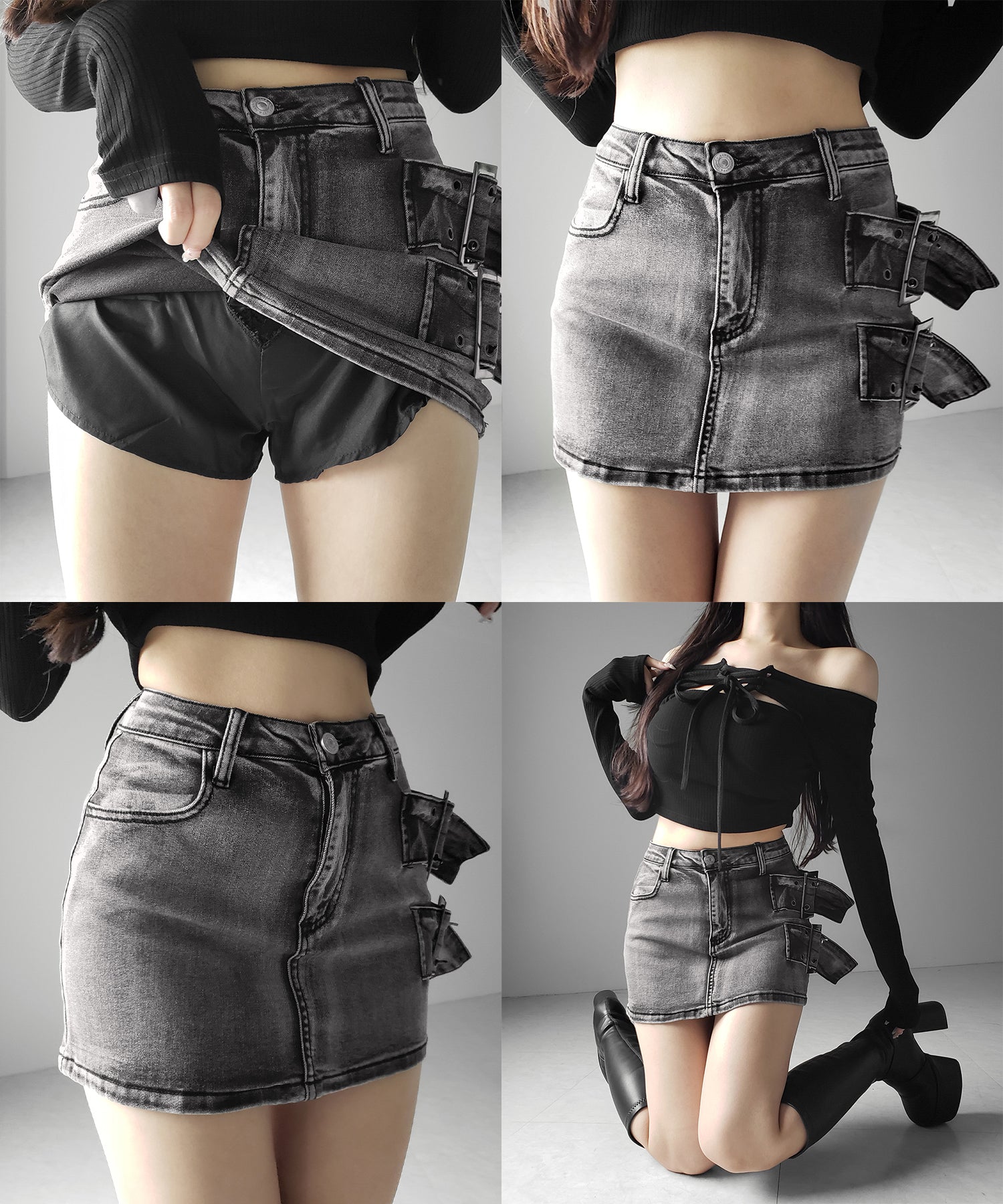 【 インパン裏地付 】ダブルハトメベルトヴィンテージデニムミニスカート / Double eyelet belt vintage denim mini skirt