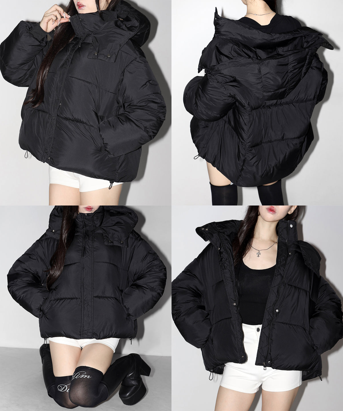 スタンドネックボリュームフーディ中綿パフジャケット / Stand-neck volume hooded fake down puff jacket