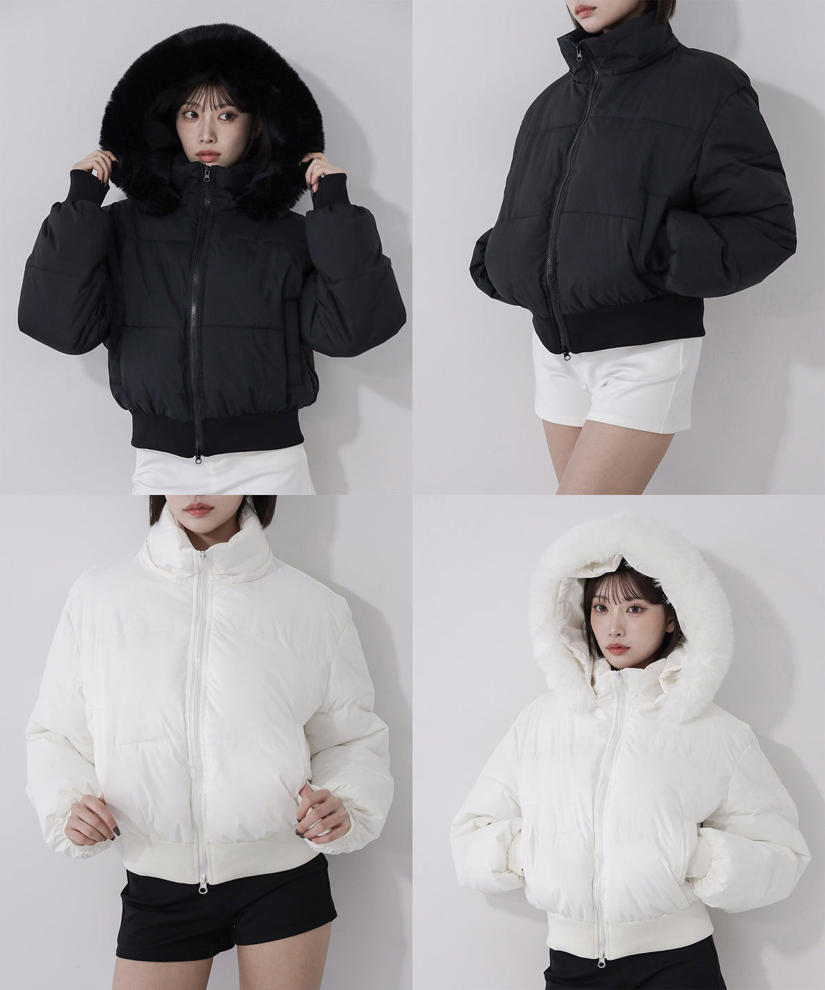 【 フード取り外し可能2WAY 】フェイクファーフードショート中綿ジャケット / 2WAY fake fur hoodie short fake down jacket