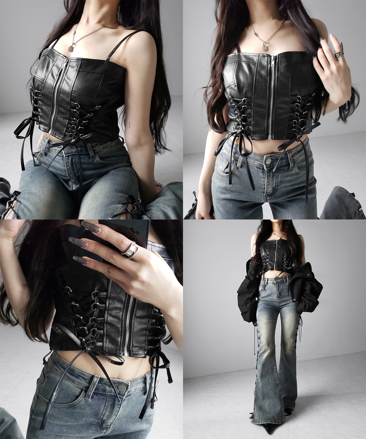 ダブルリボンレースアップフェイクレザーショートビスチェ / double ribbon laceup fake leather short bustier