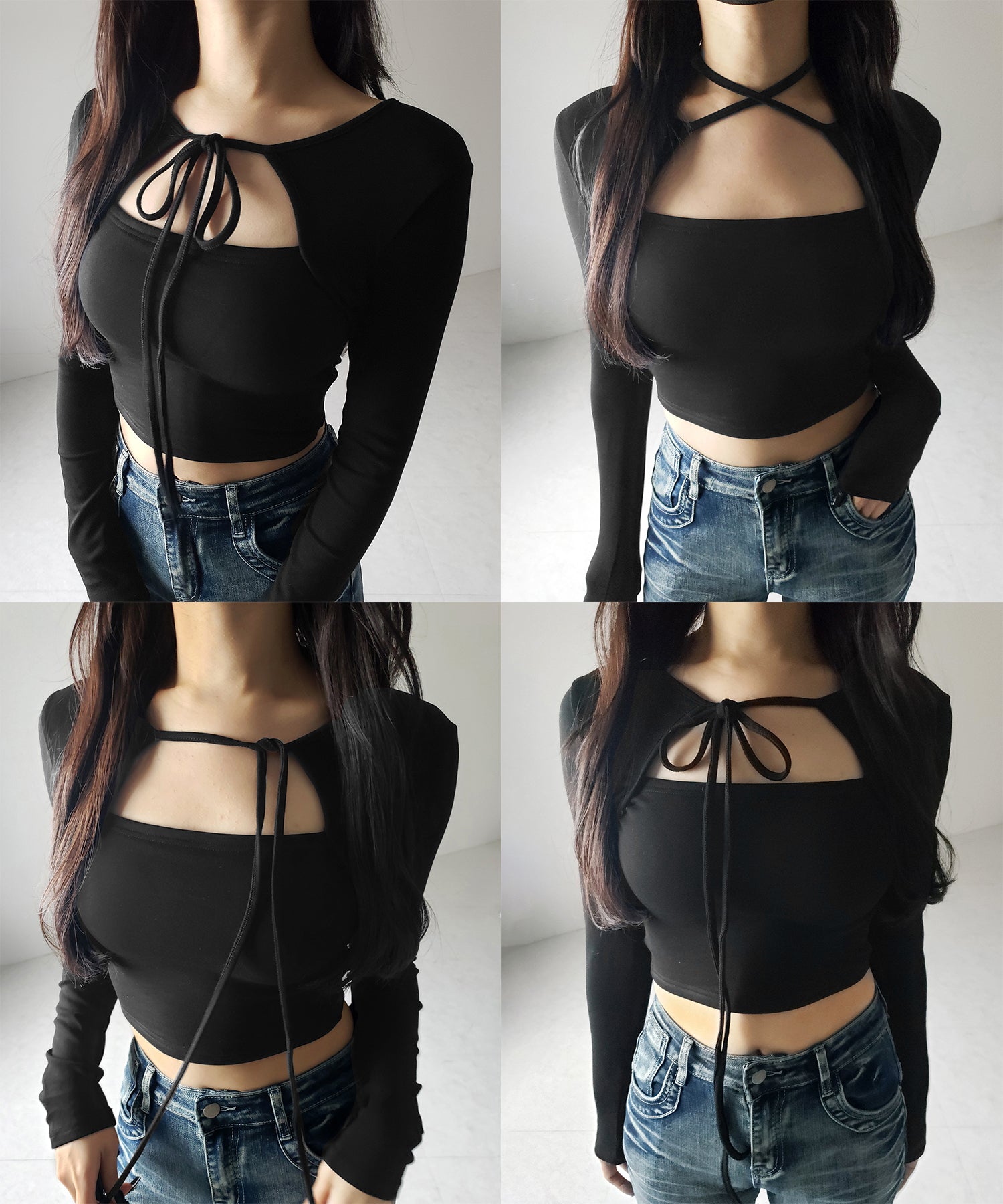 【 2WAY / 裏起毛 】フロントリボンカットアウトドッキングショートトップス / front ribbon cutout docking short tops