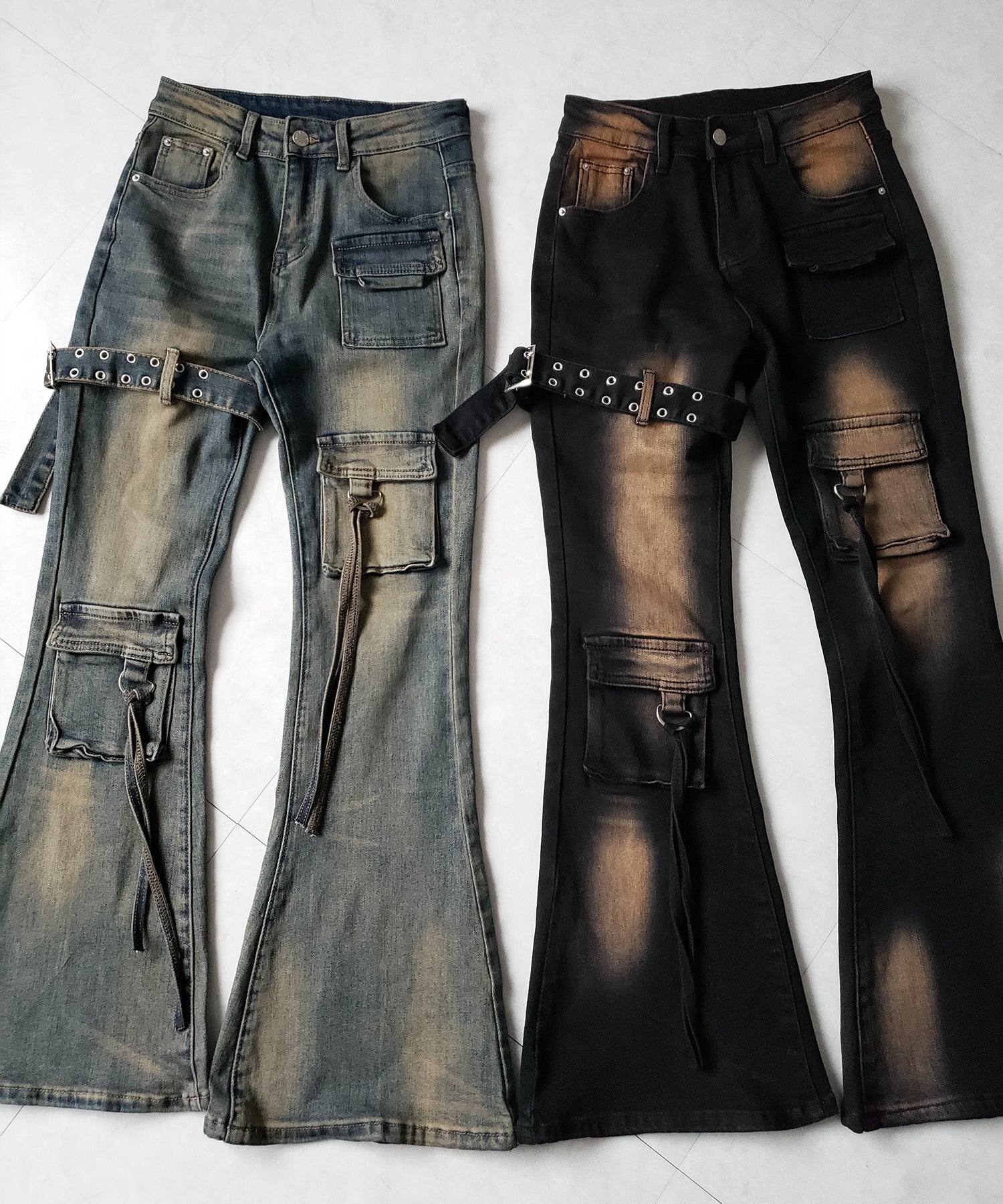 【 2color / 4size 】ベルテッドアウトポケットヴィンテージフレアデニム / belted out pocket vintage flare denim