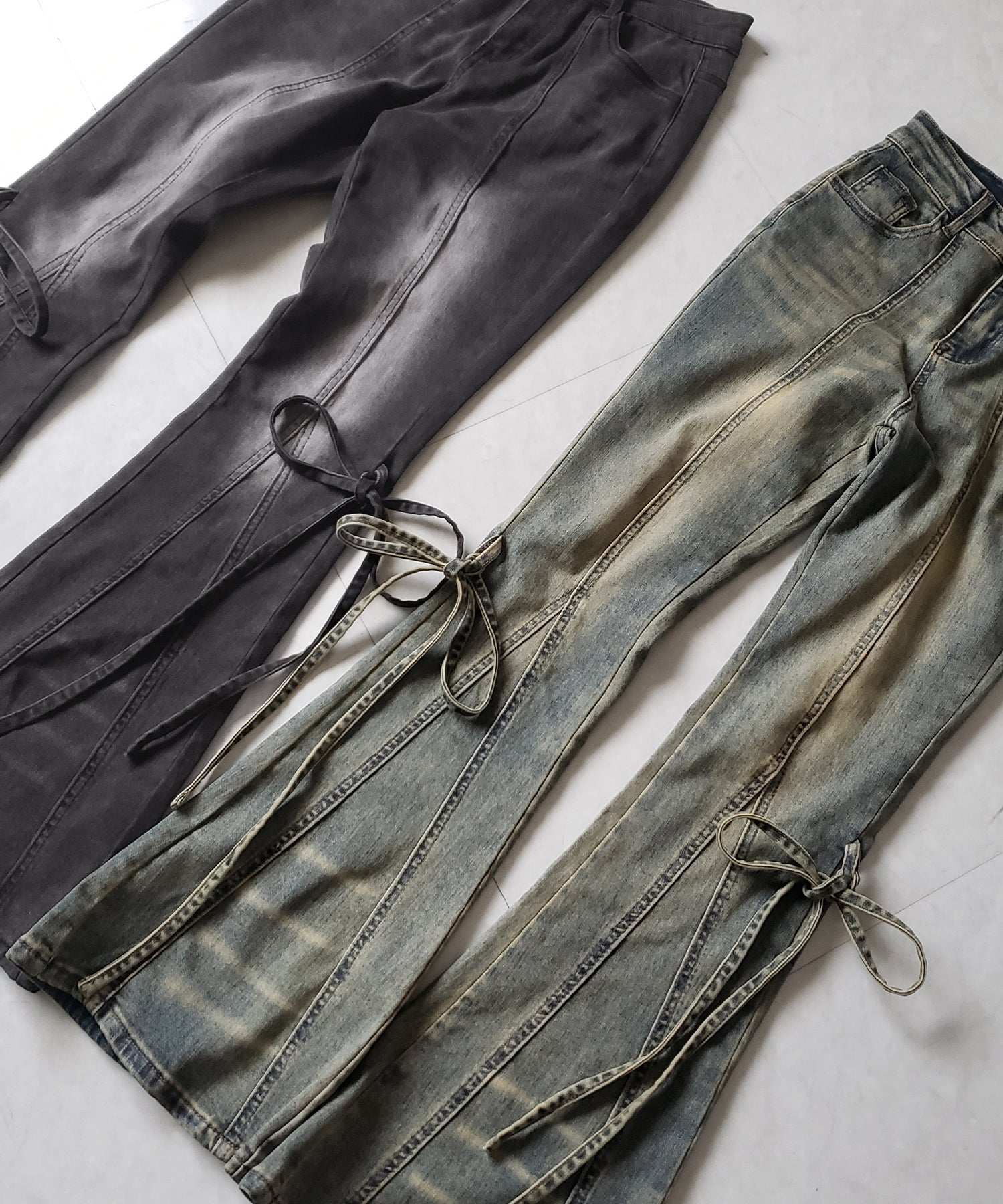 【 2color / 4size 】ストラップリボンヴィンテージストレッチフレアデニム / strap ribbon vintage stretch flare denim