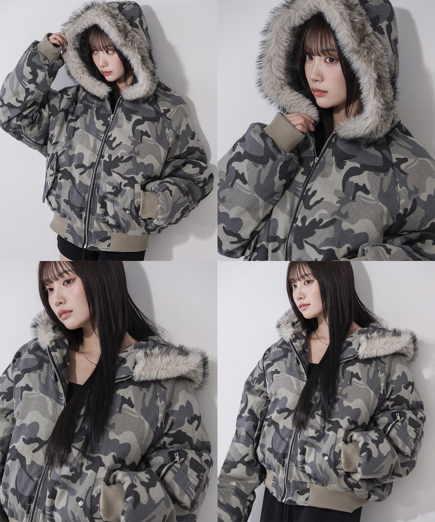 カモフラフェイクファーフーディ中綿ジャケット / camouflage fake fur hoodie down jacket