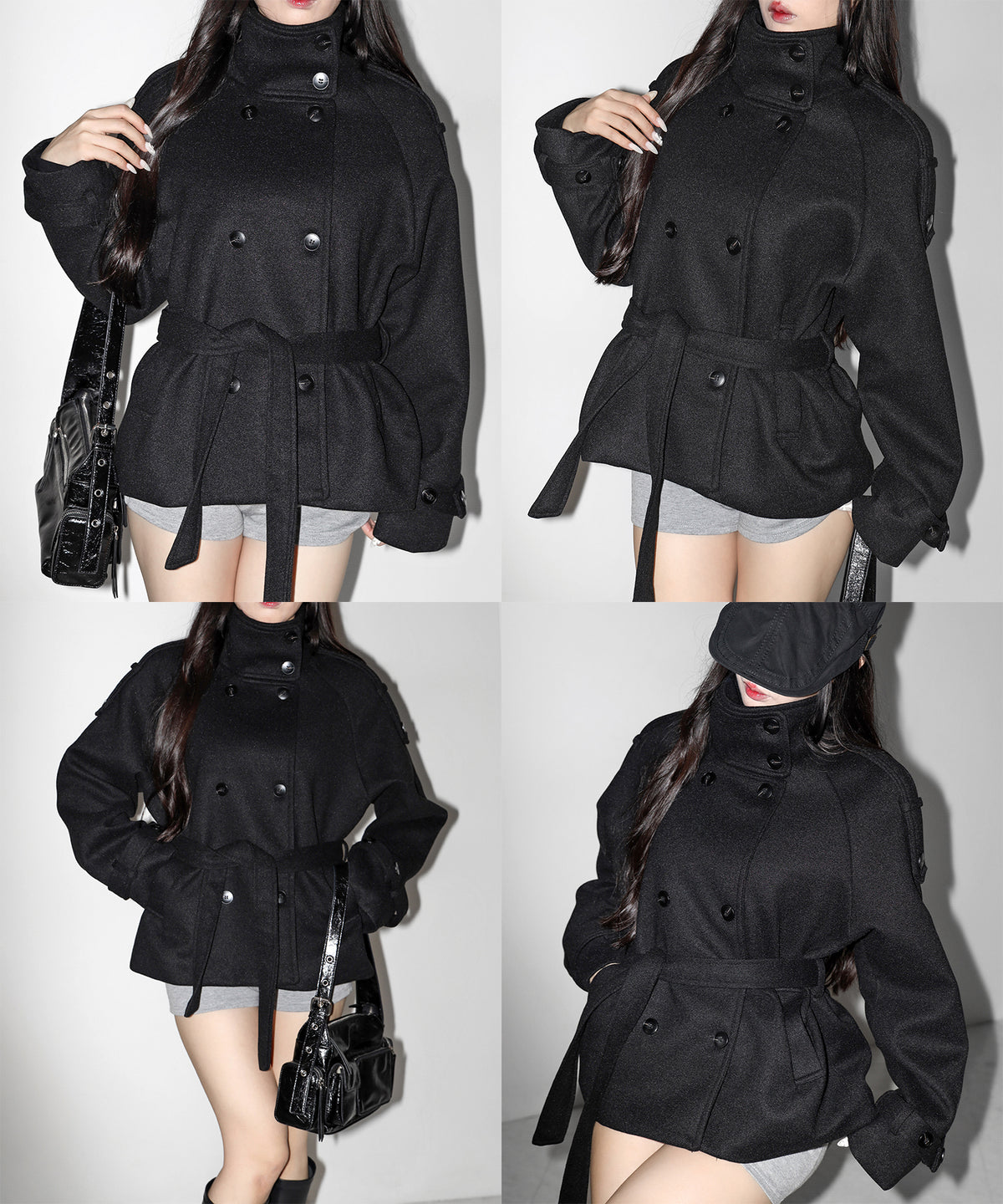 【 ウエストベルト付き 】スタンドネック ダブルブレスト ウールライクメルトンピーコート / Stand neck double-breasted wool-like melton pea coat
