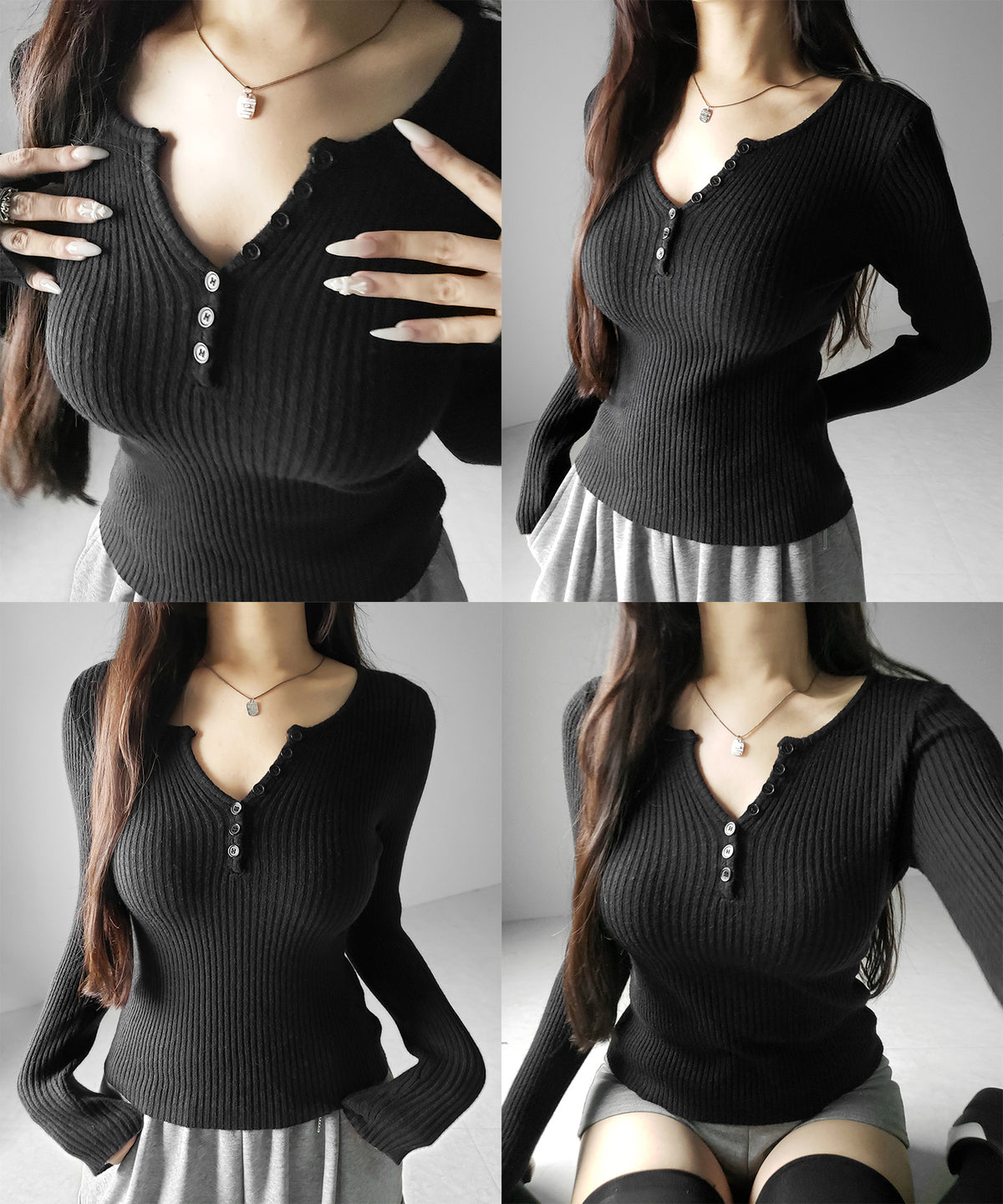 フロントボタンヘンリーネックスリムリブニット / Front button henley neck slim rib knit