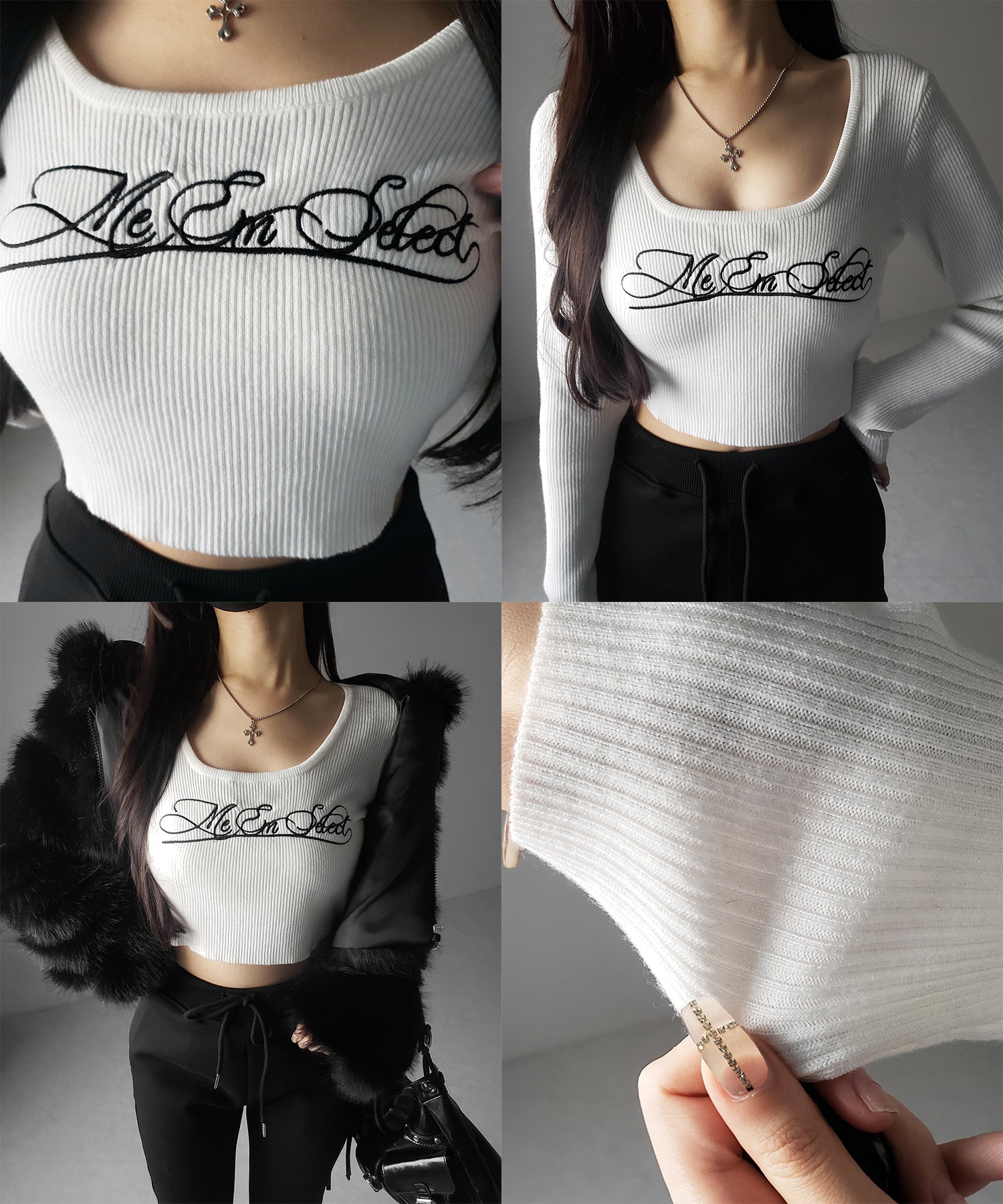 レタリングロゴ刺繍スクエアネックショートリブニットトップス / lettering logo embroidery square neck short rib knit tops