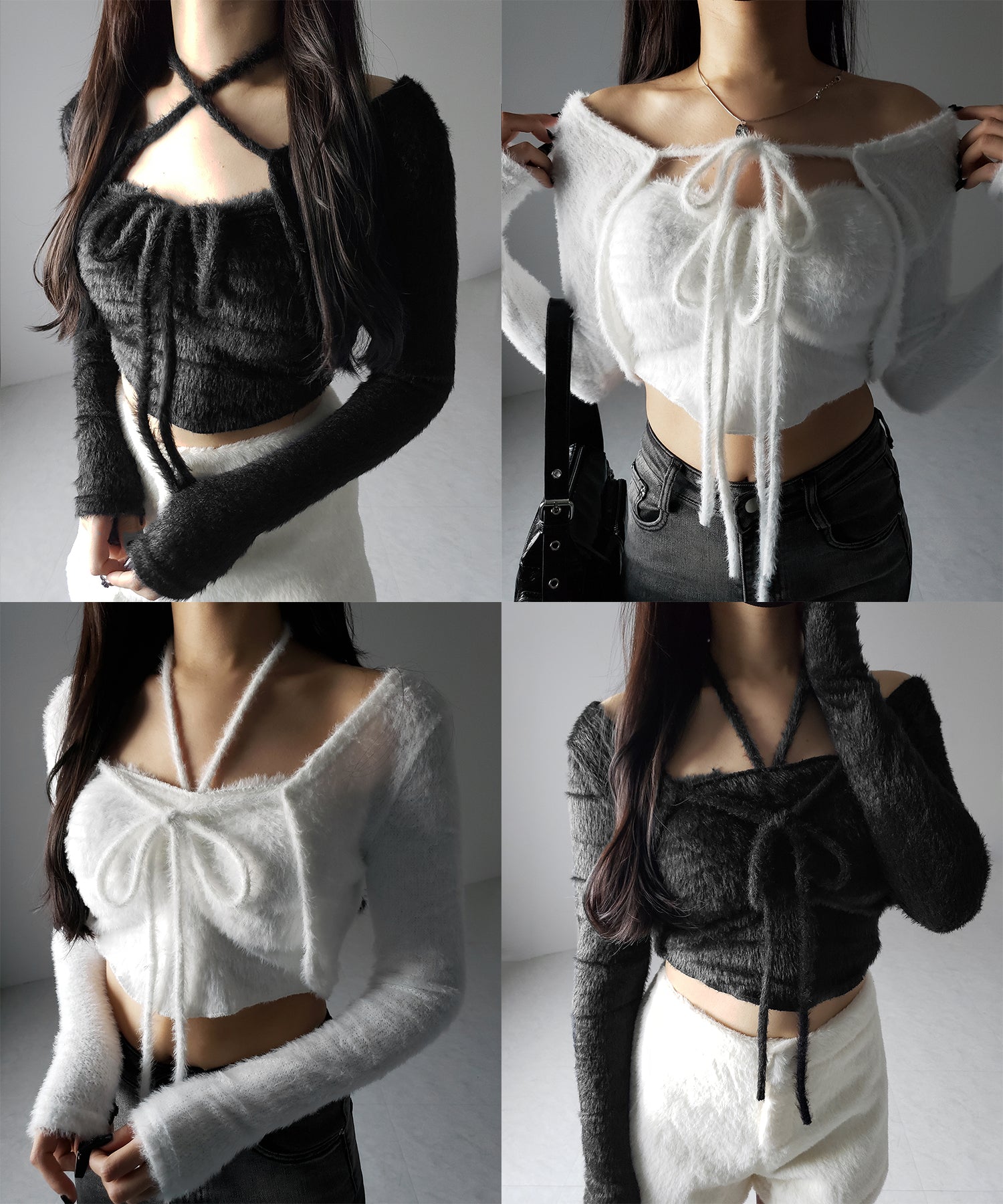 【 2点セット 】シャギーリボンベアトップス & ショートシャギーカーディガン SET / Shaggy ribbon bare tops & short shaggy cardigan