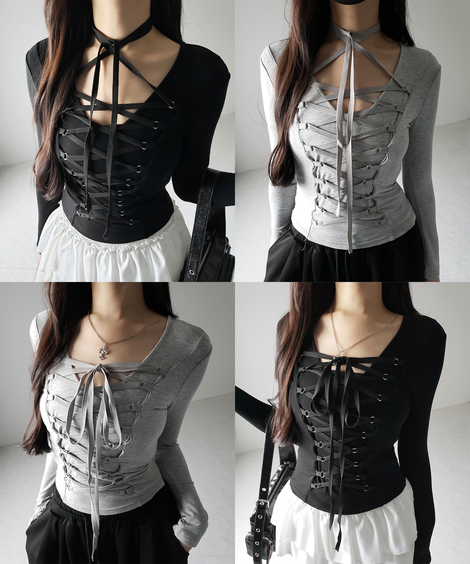 【 新色ピンク追加! /3WAY 】レースアップコルセットリボンチョーカートップス / lace up corset ribbon choker tops