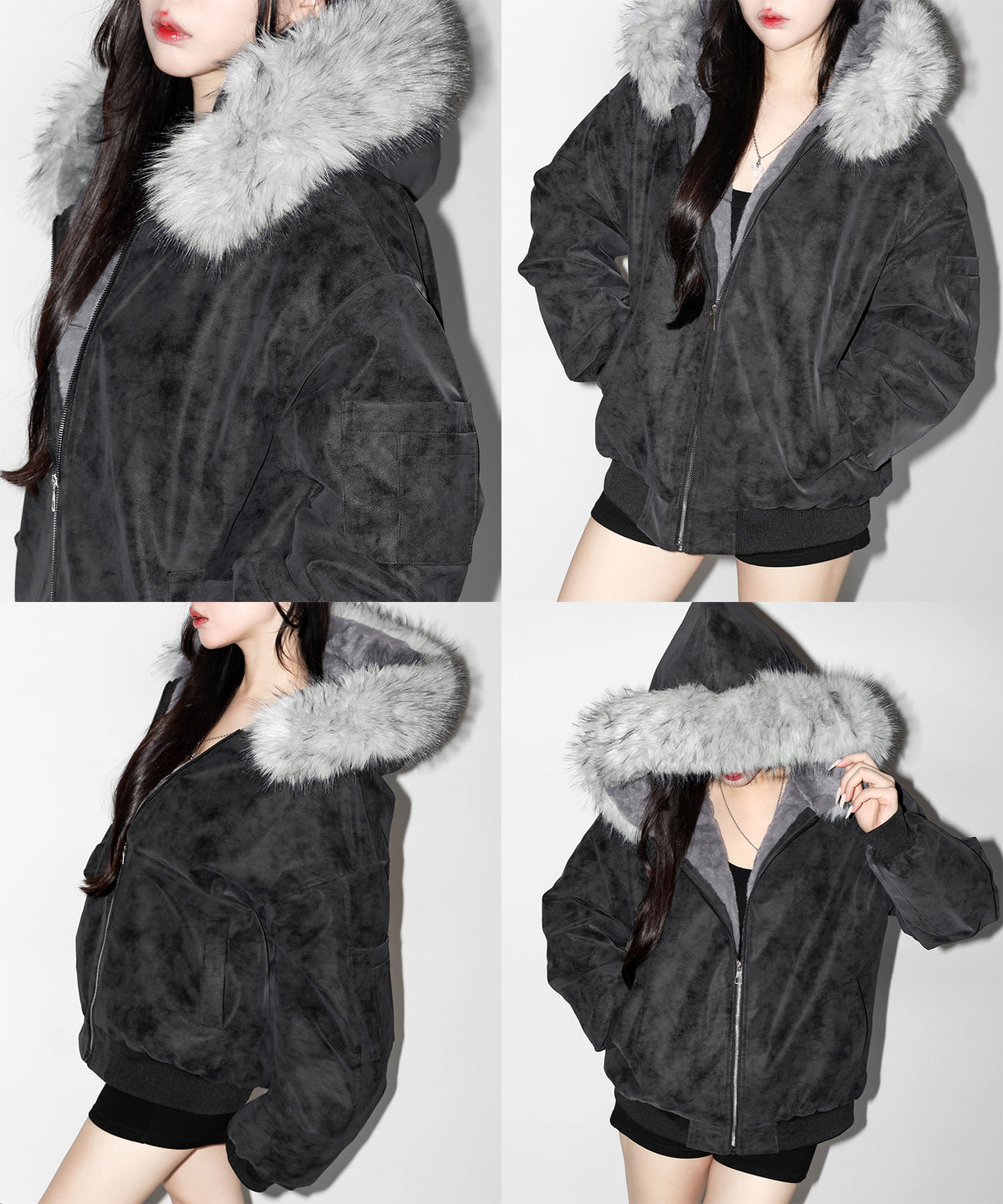 ファーフードヴィンテージフェイクレザーオーバーブルゾン / fur hooded vintage fake leather over blouson