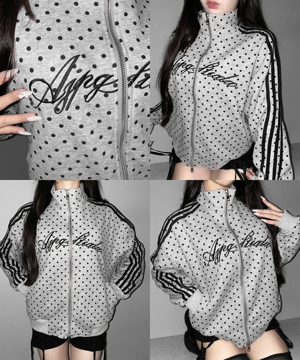レタリングロゴ刺繍ドットラインオーバースウェットブルゾン / lettering logo embroidery dot line over sweat blouson