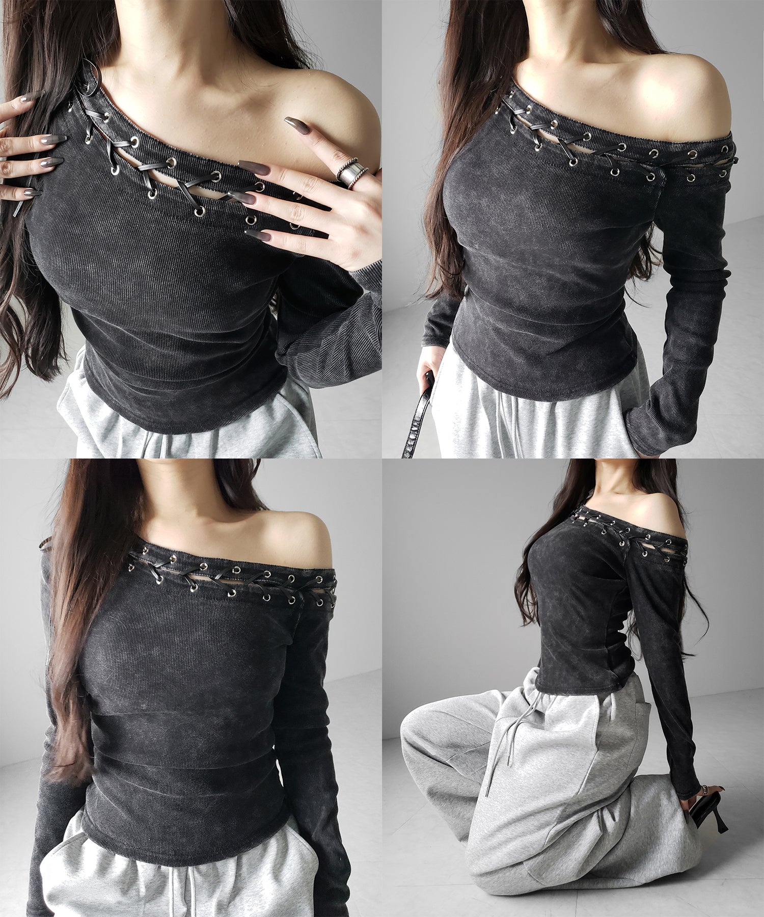 ヴィンテージカットアウトレースアップワンショルリブトップス / vintage cutout laceup one shoulder lib tops