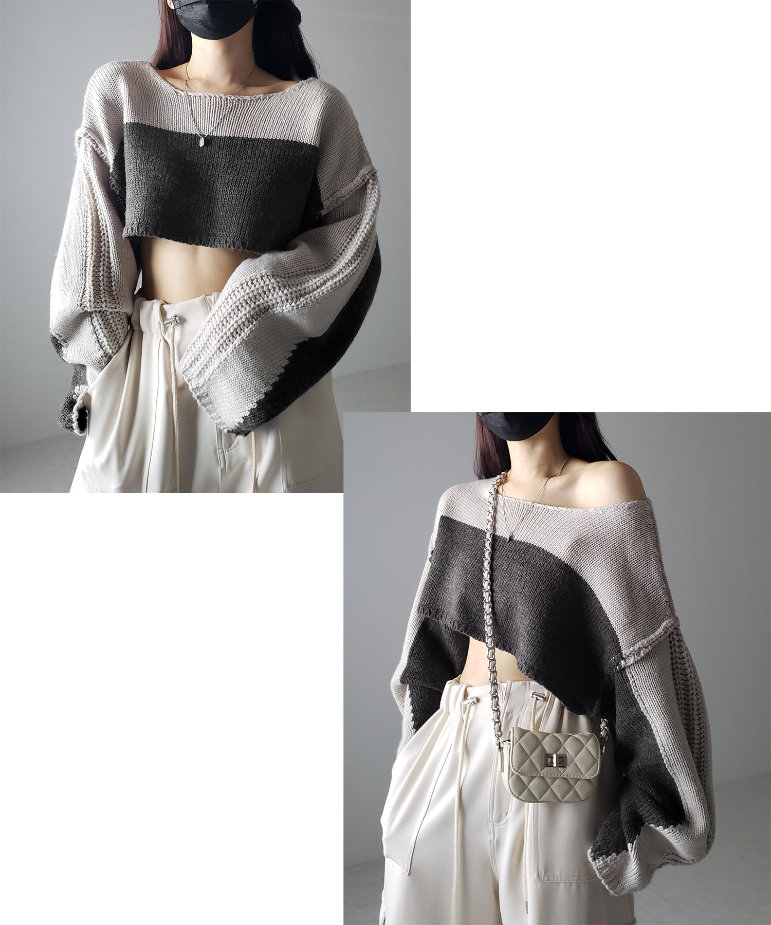 【 ワンショルにもできる 2WAY 】バイカラーデザインブロッキングショートニット