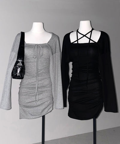 【 2点セット 】シャーリングタイトミニワンピ &フロントリボンショートカーディガン ワンホンセットアップ / shirring tight mini onepiece & front ribbon short cardigan wanghong setup