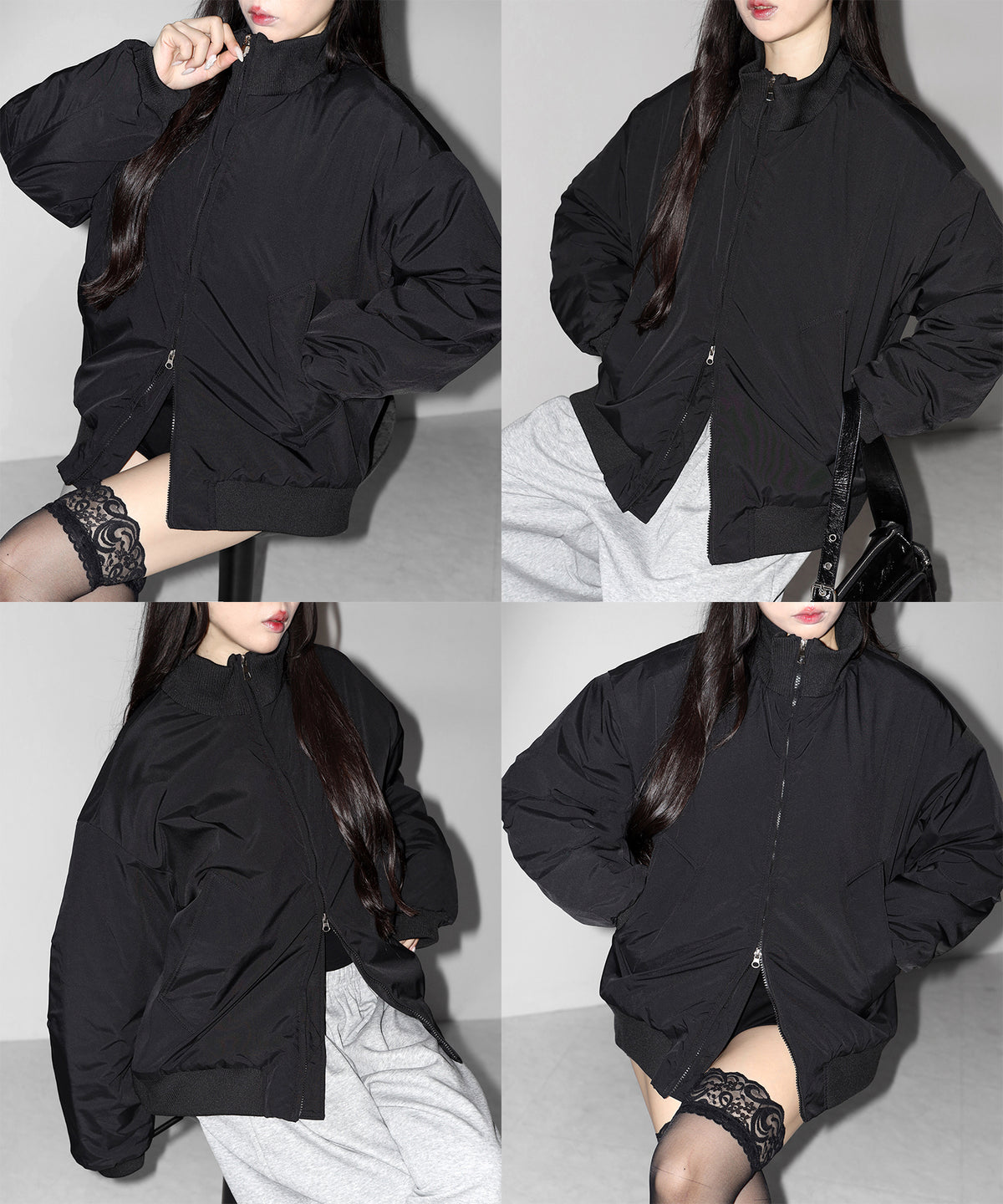 ダブルジップスタンドカラー中綿オーバーブルゾン / Double-zip stand-collar padded overblouson