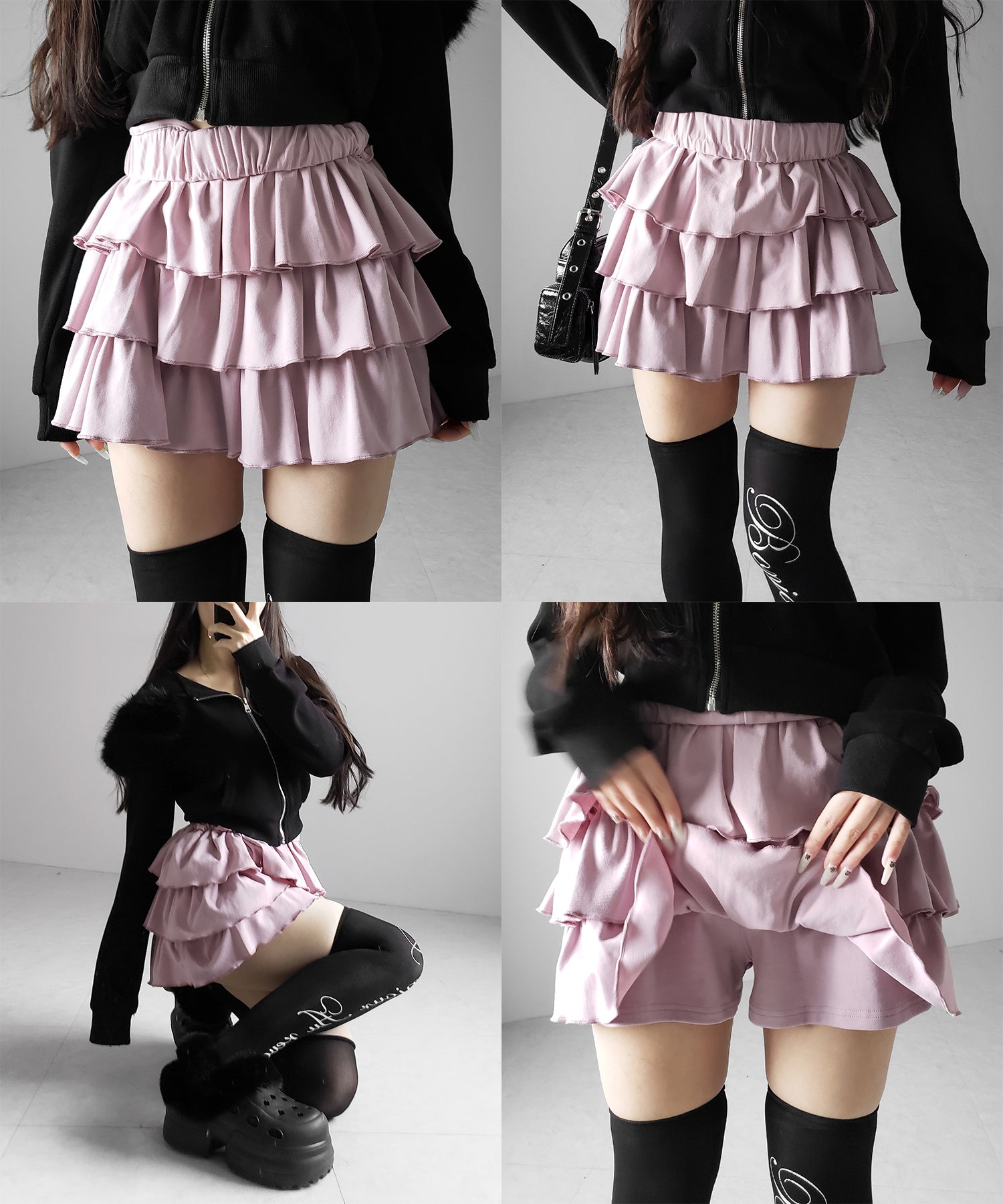 【 新色ピンク追加!4color 】3段フリルカットソーミニスカパン / 3 frill cutsew mini skirt pants