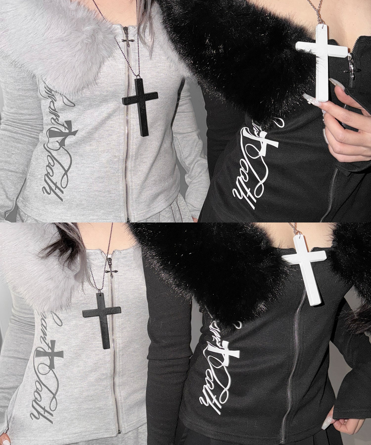 ファー襟クロスロゴジップアップリブカーディガン / fur collar cross logo zipup rib cardigan