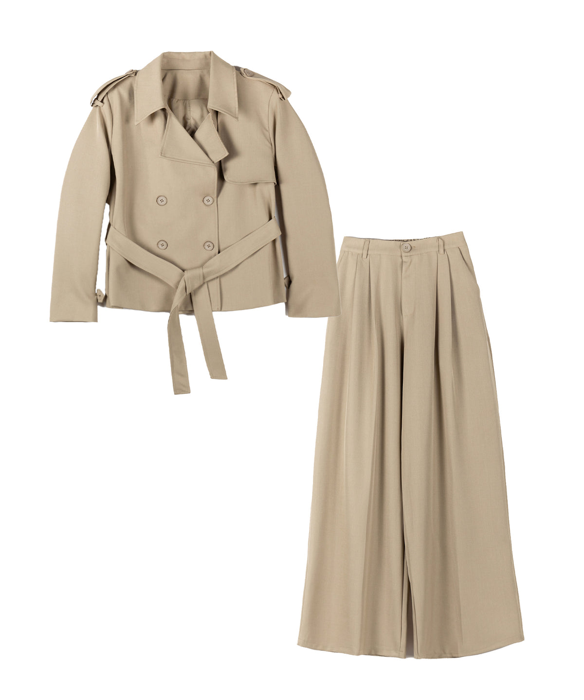 【 上下セットアップ 】ウエストマークショートトレンチコート + タックワイドスラックスパンツ SETUP / Waist-mark short trench coat + tuck wide slacks pants