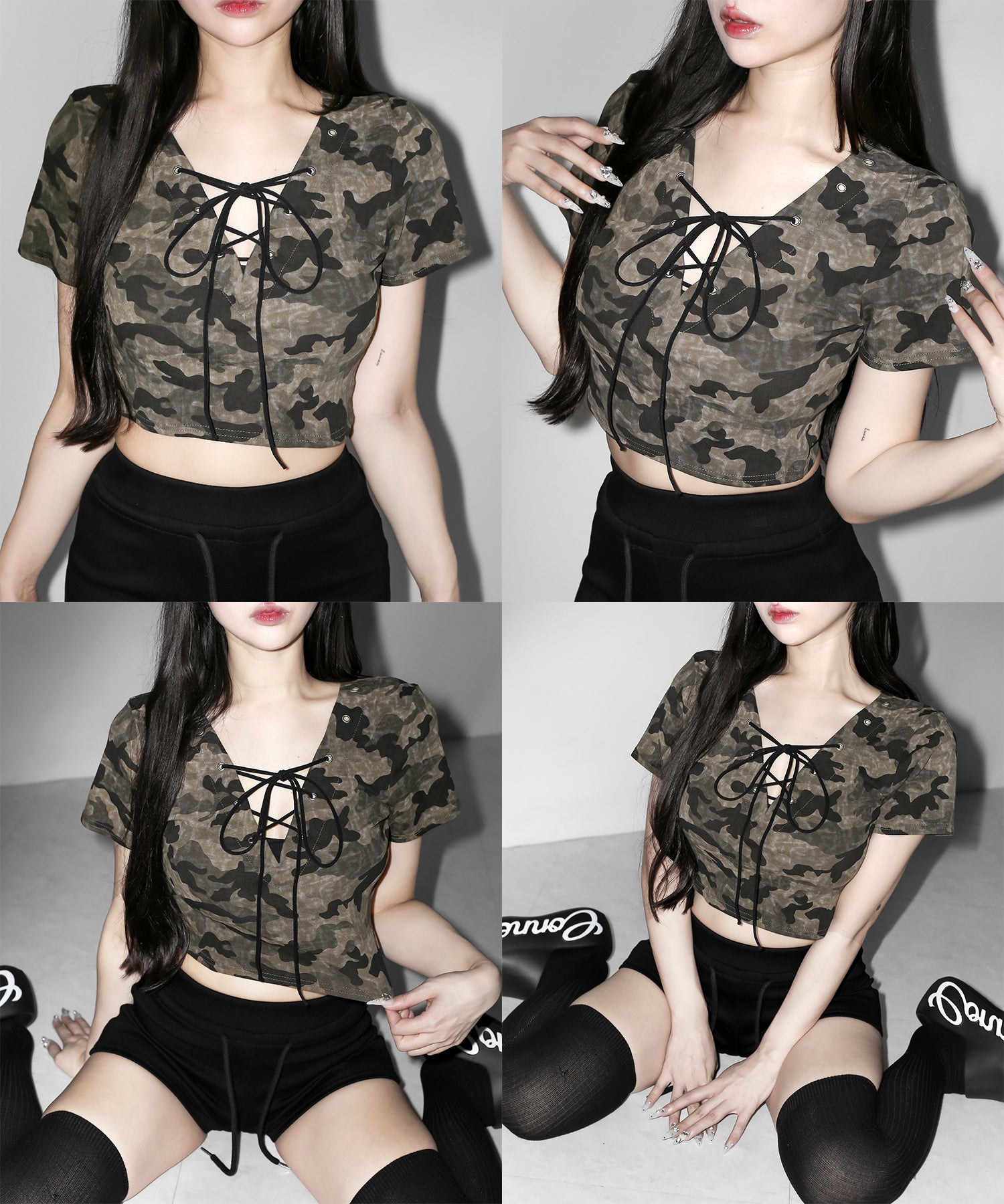 ヴィンテージカモフラレースアップショートTシャツ / Vintage camouflage lace-up short T-shirt
