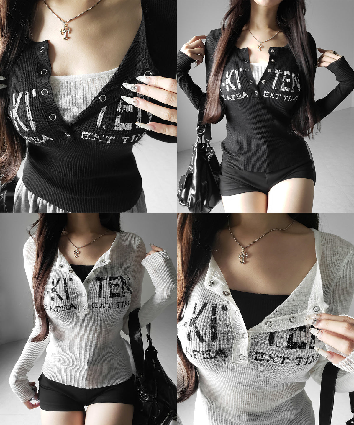ヘンリーネックフェイクレイヤードロゴ長袖シアーニットトップス / henly neck fake layered logo longsleeve sheer rib knit tops
