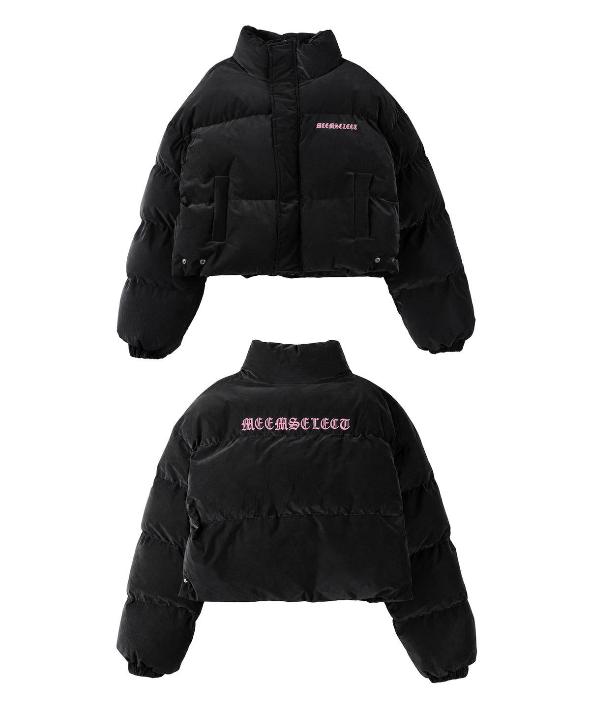 【 新色ピンクが追加! 】グランジロゴ刺繍ショートパフ中綿ジャケット / grunge logo embroidery short puff fake down jacket