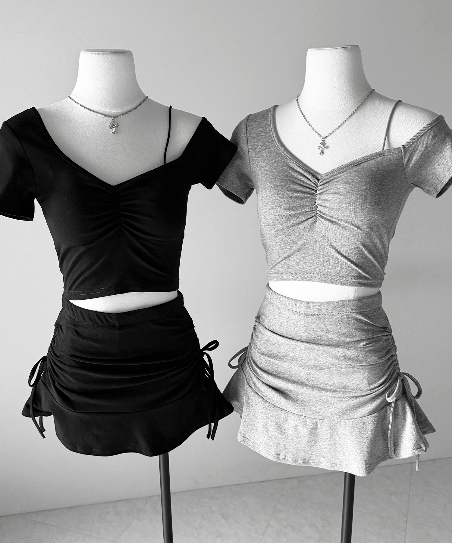 ワンショルギャザートップス + シャーリングリボンスカート SETUP / ( SETUP ) one shoulder gather tops + shirring ribbon skirt SET