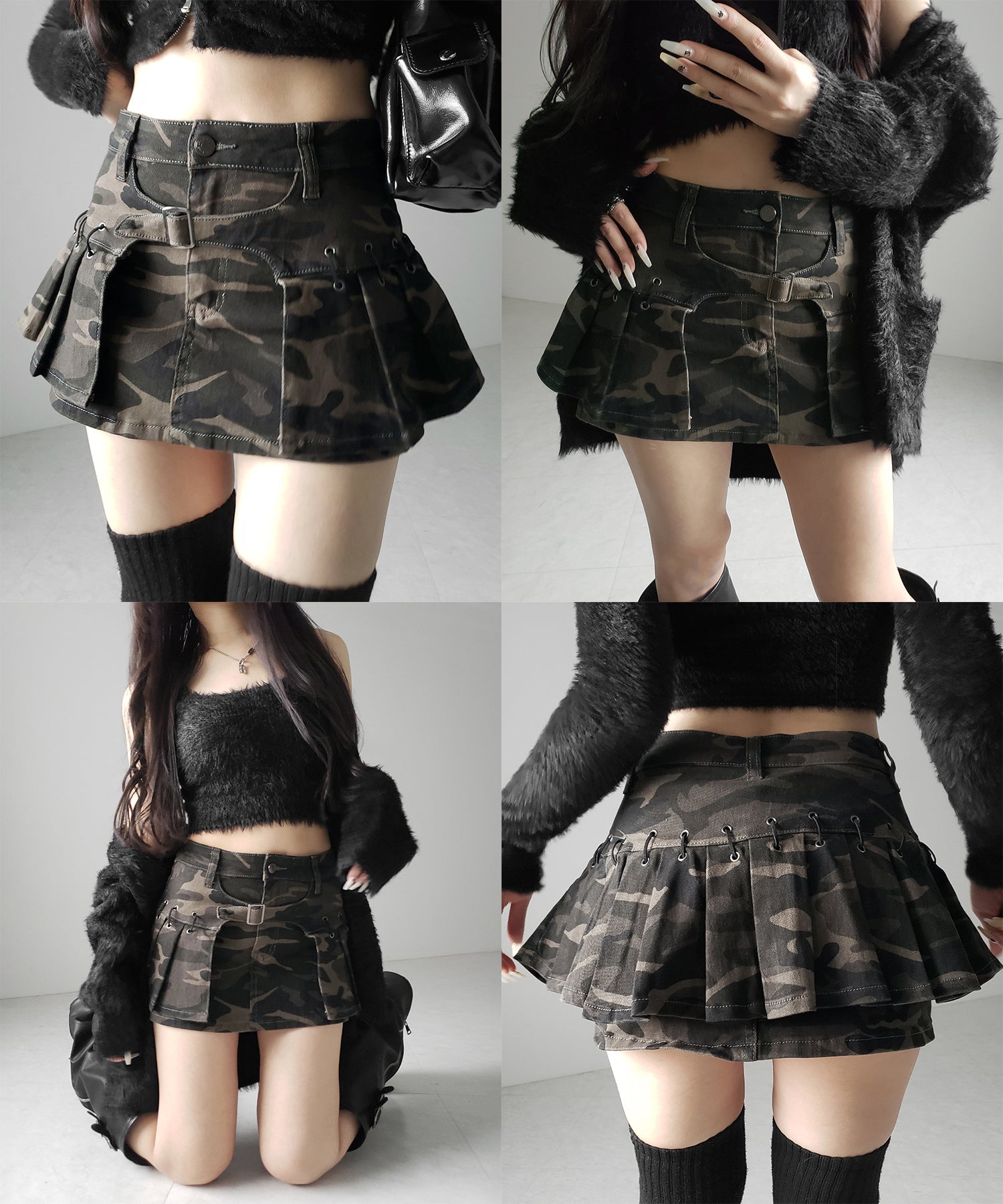 【 インパン裏地付 】カモフラベルテッドマイクロプリーツミニスカパン / camouflage belted micro pleats skirt pants