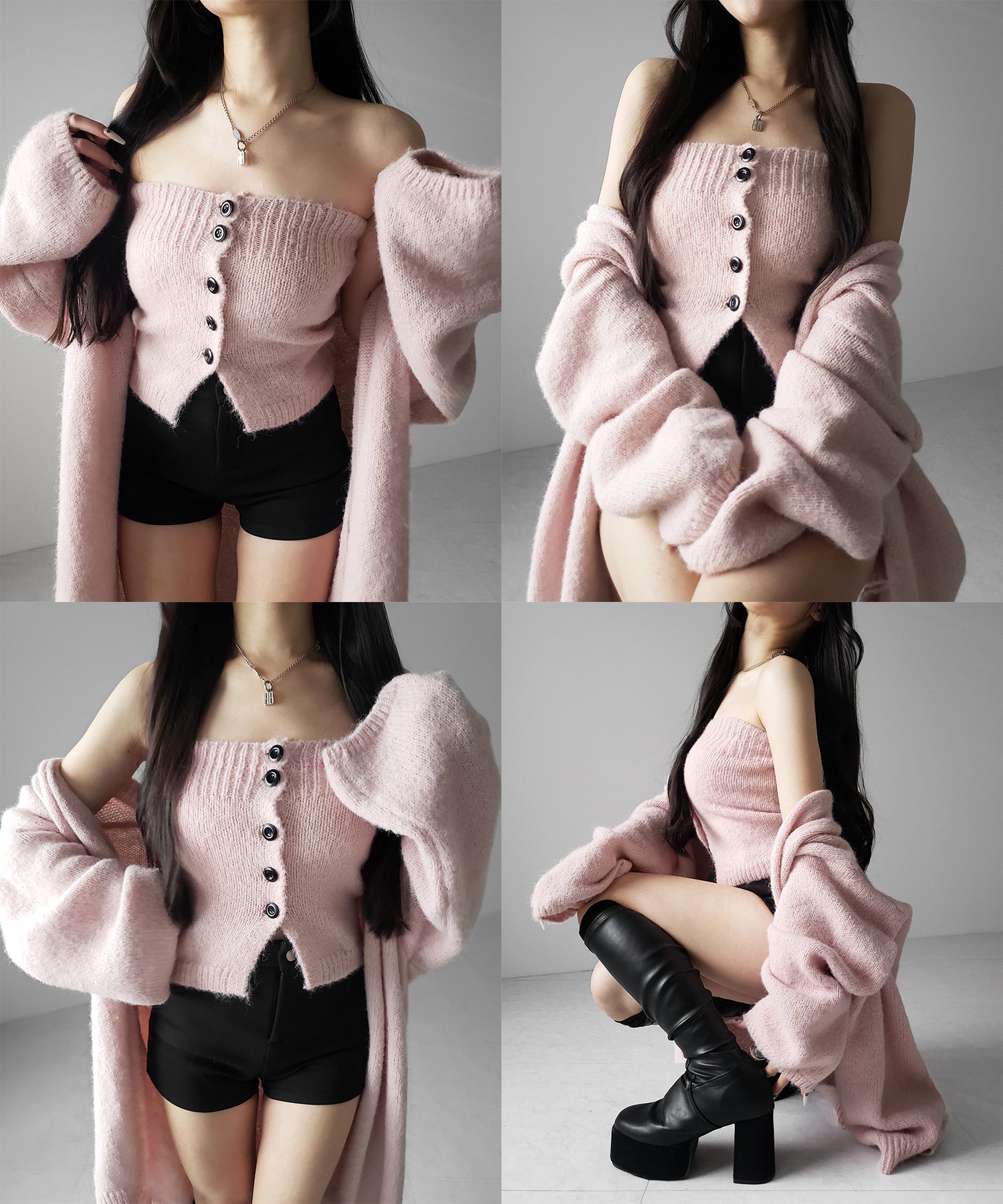 【 新色追加 /2点セット 】ニットボタンビスチェ +ロングカーディガンセット / knit button bustier + long cardigan set