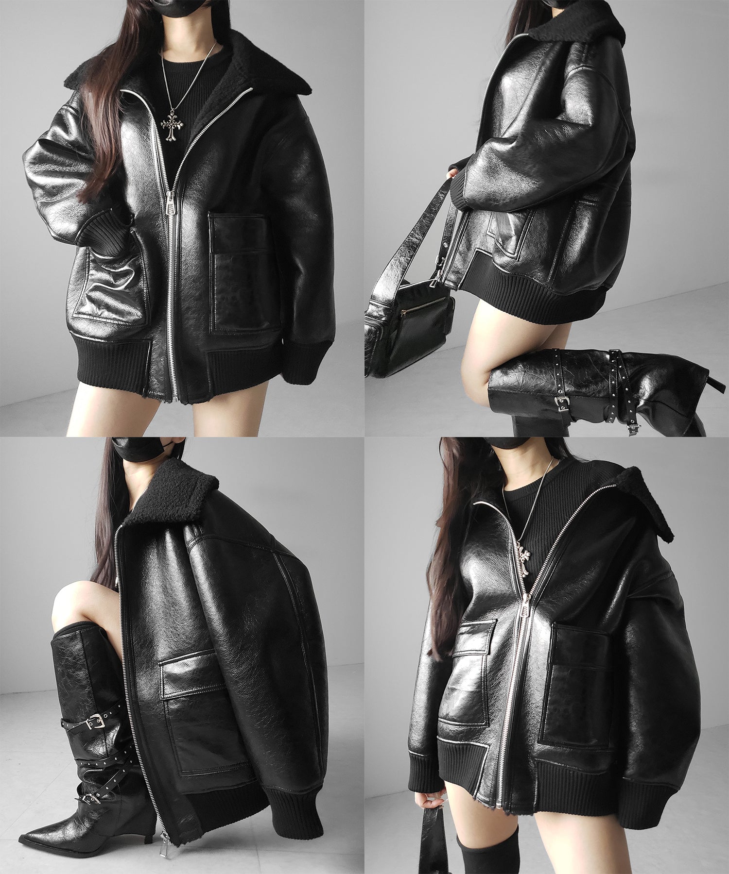 アウトポケットヴィンテージレザーボアムートンオーバージャケット / outpocket vintage fake leather boa mouton over jacket