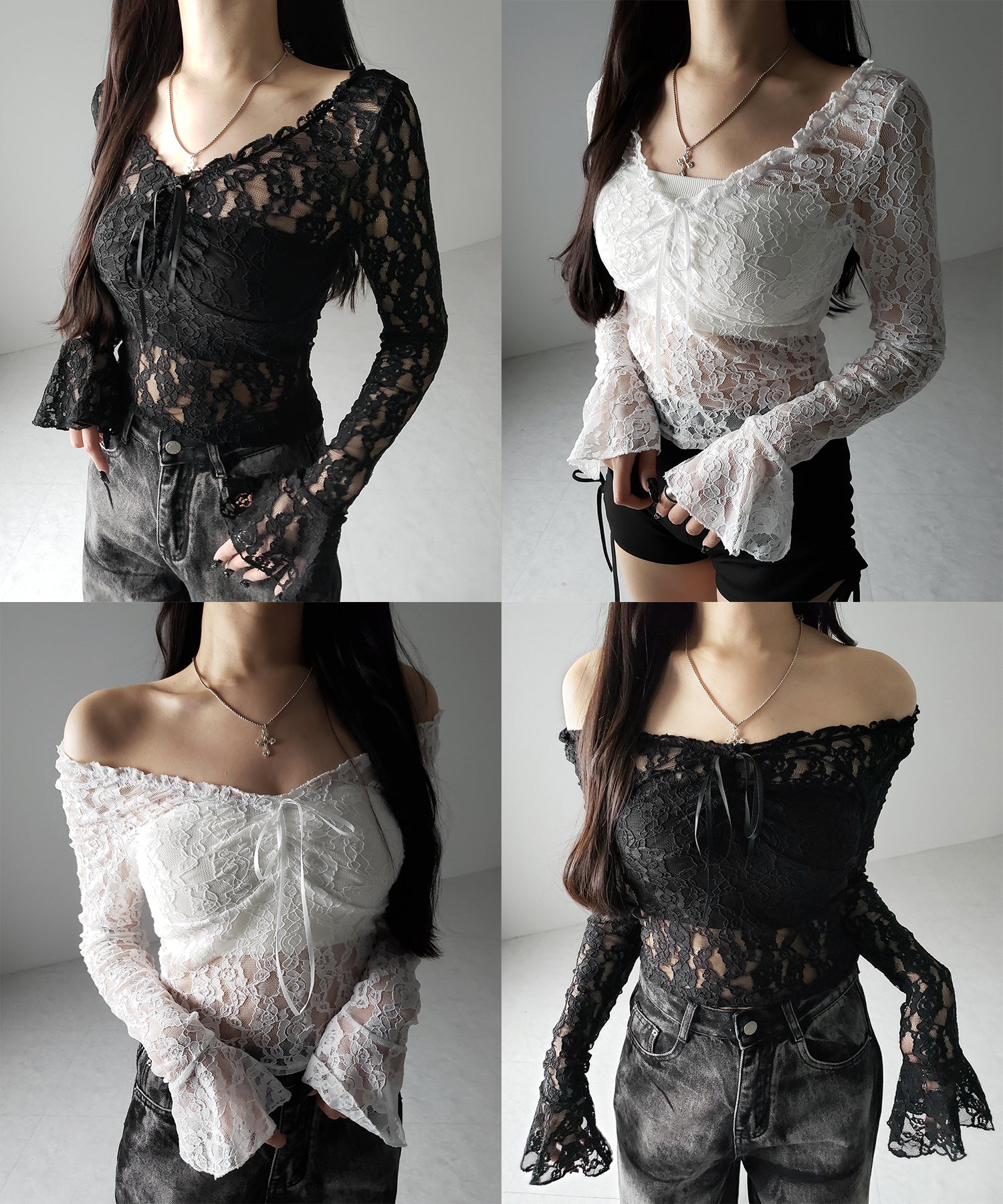 【 2color /2WAY 】フロントリボンオフショルスリムレーストップス / front ribbon off-shoulder slim lace tops