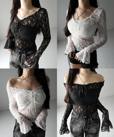 【2WAY 】フロントリボンオフショルスリムレーストップス / front ribbon off-shoulder slim lace tops