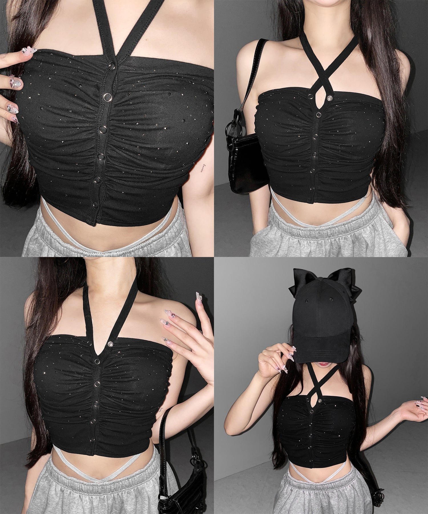 ラインストーンホルターネックスナップギャザーベアトップ / Rhinestone halter neck snap gathered bare top