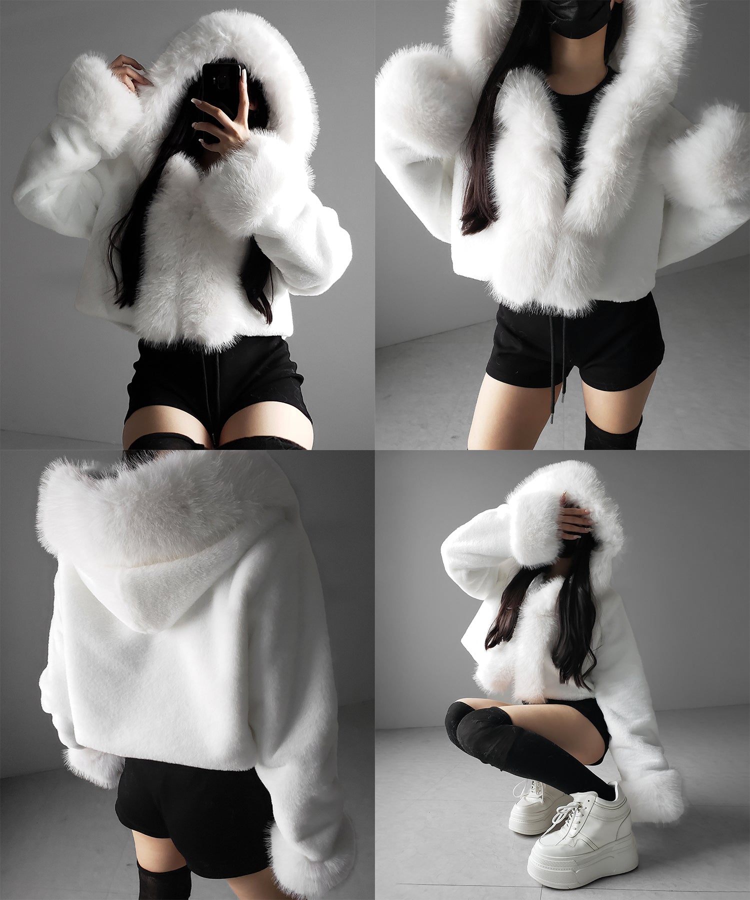フェイクファーフードレディーショートコート / fake fur hoodec lady short coat
