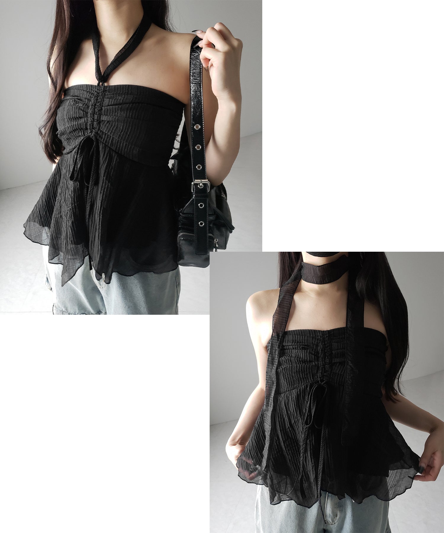 【 チョーカータイ付 】シャーリングリボンペプラムシフォンビスチェトップス / choker tie set shirring ribbon peplum chiffon bustier tops