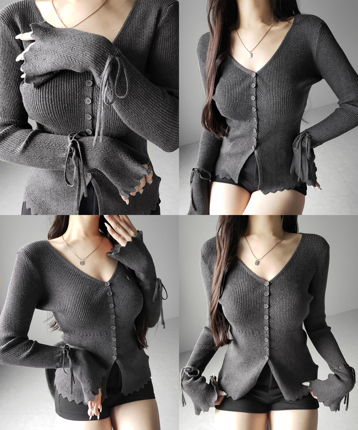 フレアリボンスリーブ透かし編みニットカーディガン / flare ribbon sleeve openwork knit cardigan