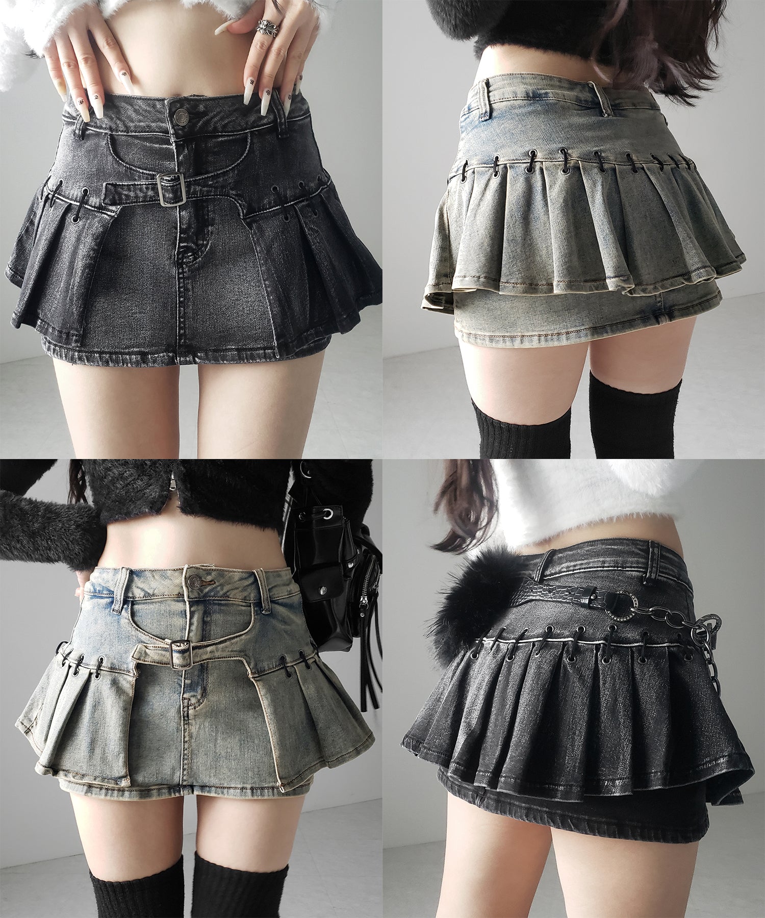 【 インパン裏地付 】ベルテッドマイクロプリーツデニムミニスカパン / belted micro pleats denim skirt pants