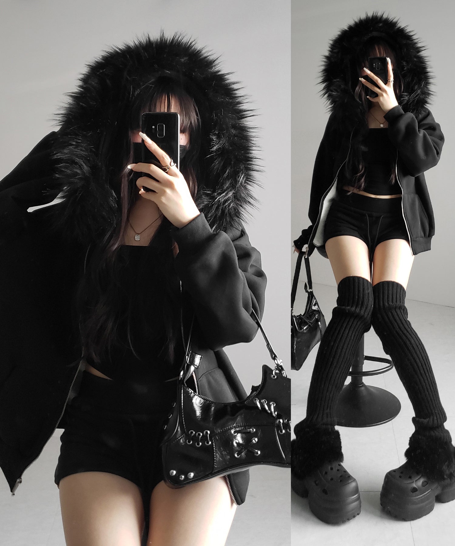 【 セットアップ 】裏起毛ファーフードオーバージップパーカー&スウェットショートパンツ / Urakimo fur over zip hoodie & sweat short pants SETUP