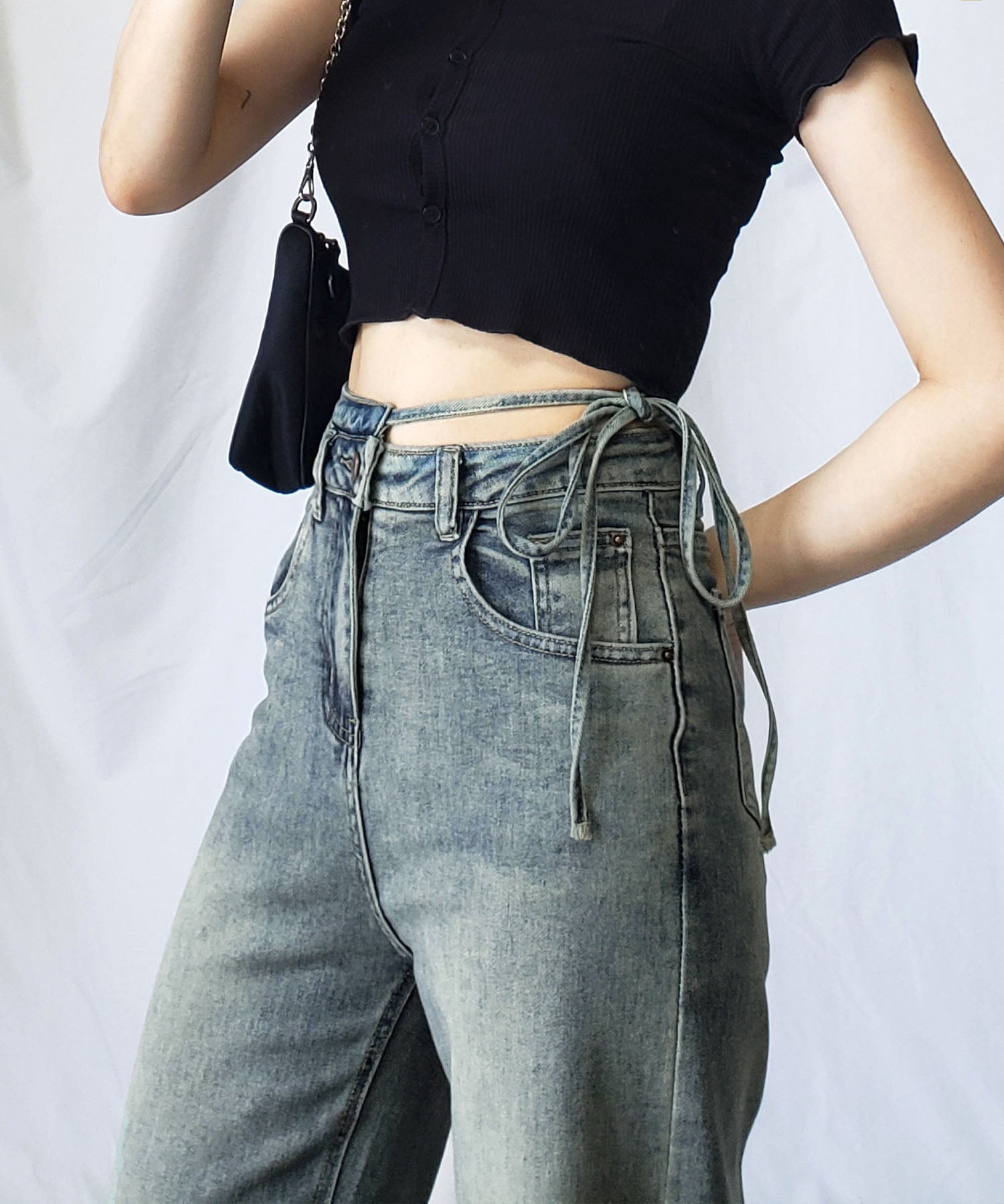 【 4color 】カットアウトサイドリボンウォッシュストレートデニム