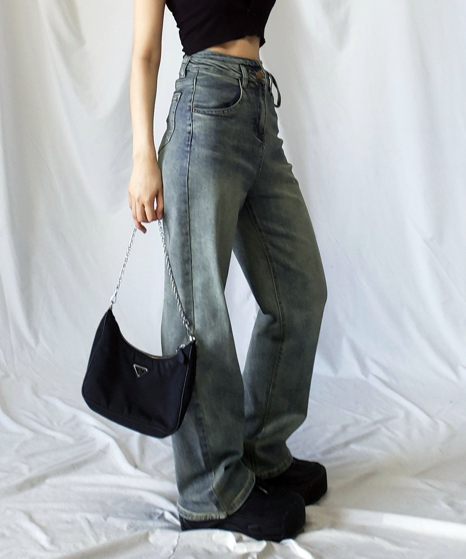 【 4color 】カットアウトサイドリボンウォッシュストレートデニム