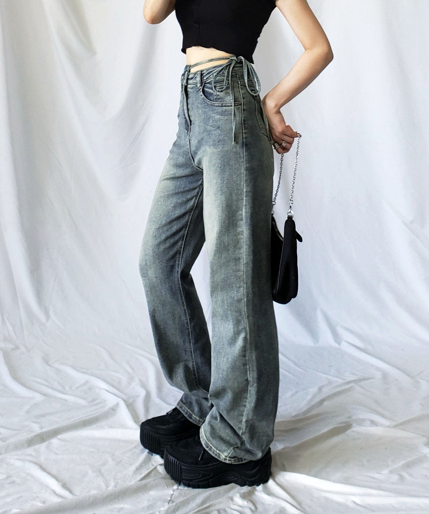 【 4color 】カットアウトサイドリボンウォッシュストレートデニム
