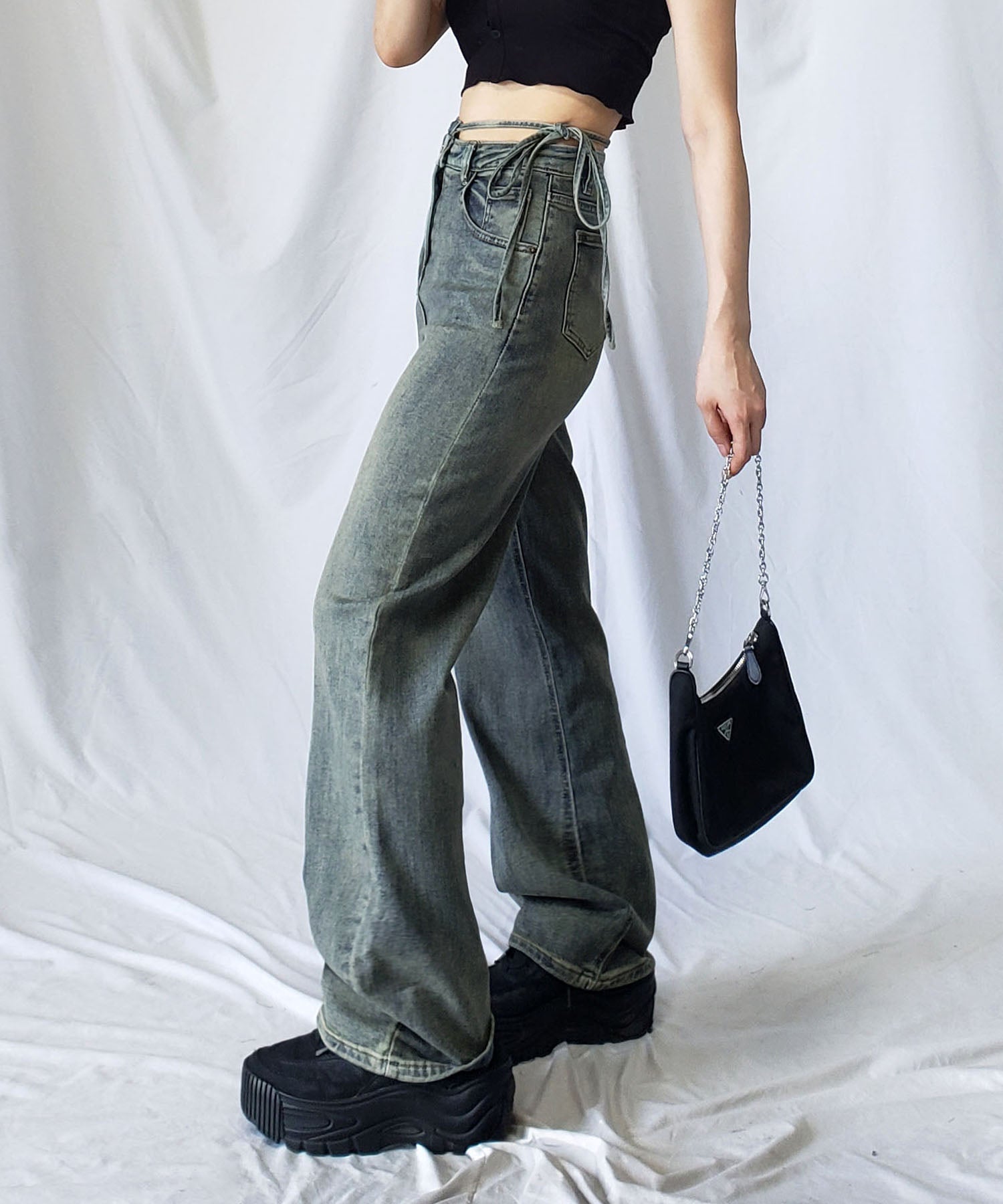 【 4color 】カットアウトサイドリボンウォッシュストレートデニム