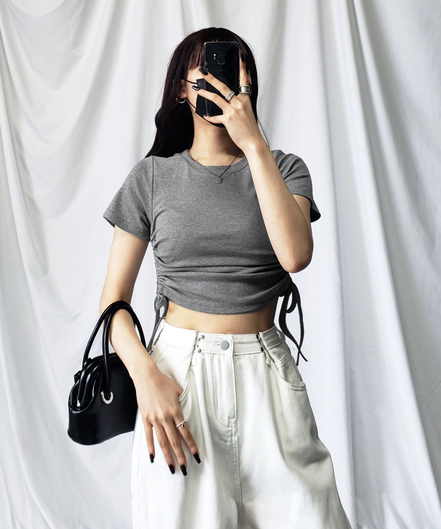 【 8color 】サイドシャーリングリボンショート半袖Tシャツ