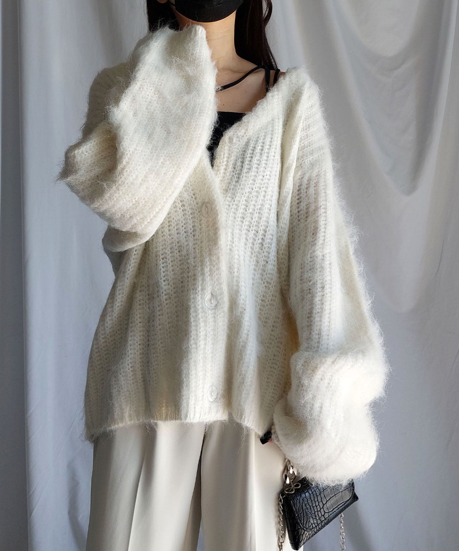 【 me+em select original 】ワイドスリーブシャギーボリュームニットカーディガン / wide sleeve shaggy volume knit cardigan