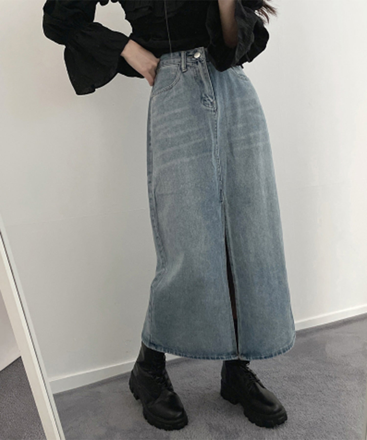 【 選べる4size/2color 】センタースリットハイウエストウォッシュデニムスカート