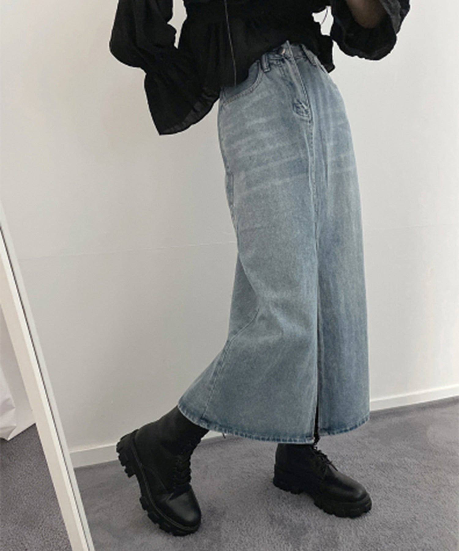 【 選べる4size/2color 】センタースリットハイウエストウォッシュデニムスカート