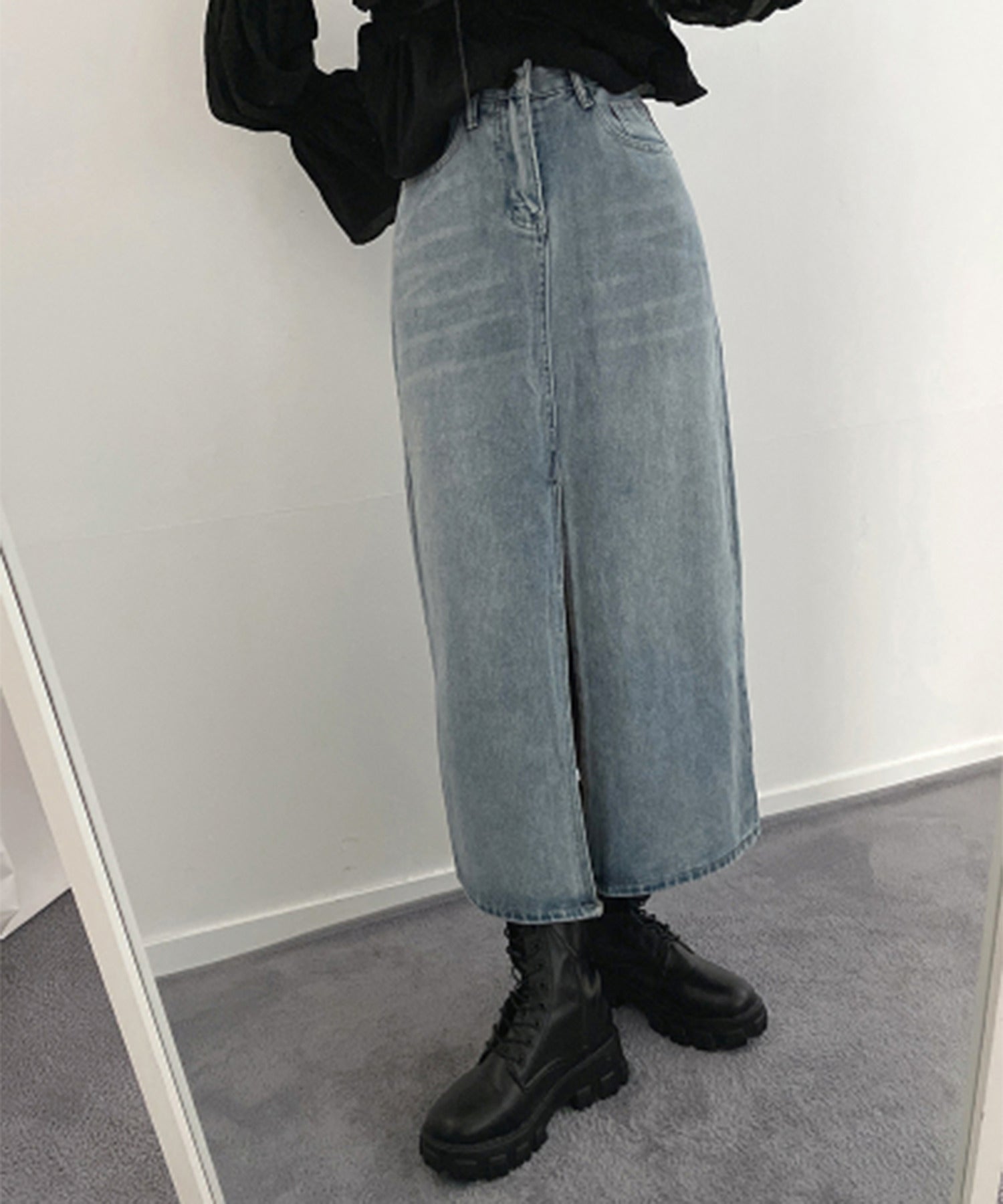 【 選べる4size/2color 】センタースリットハイウエストウォッシュデニムスカート
