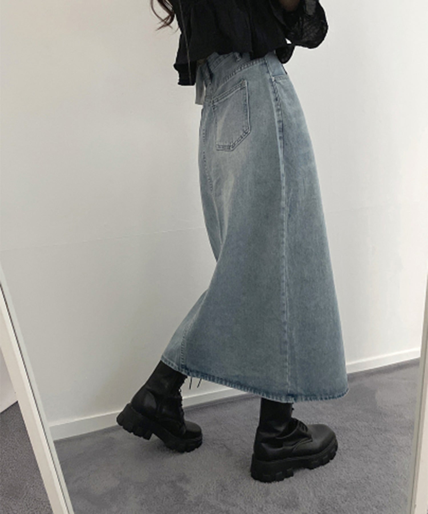 【 選べる4size/2color 】センタースリットハイウエストウォッシュデニムスカート