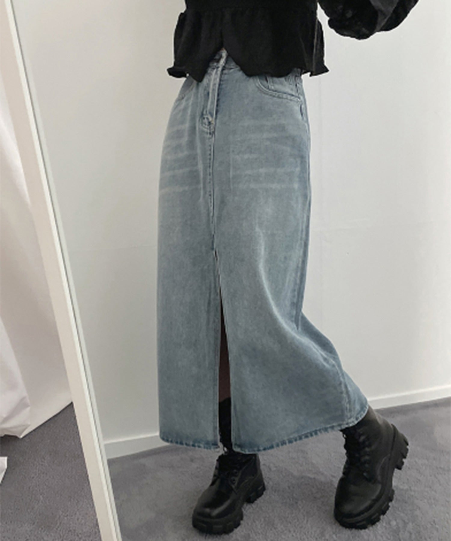 【 選べる4size/2color 】センタースリットハイウエストウォッシュデニムスカート