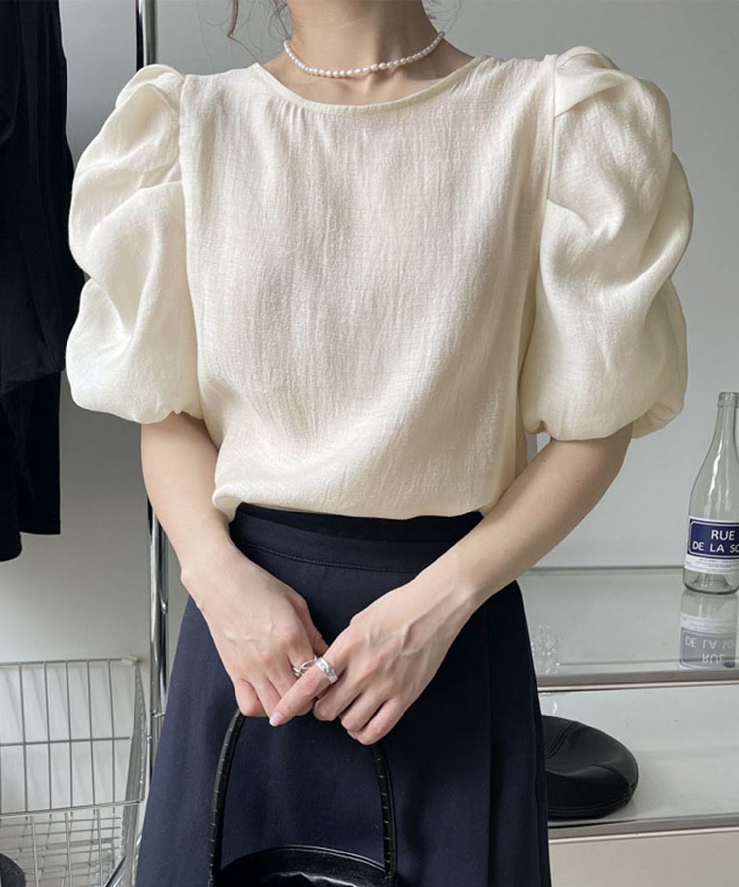【 5color 】シャーリングパフスリーブグロッシーシアーブラウス